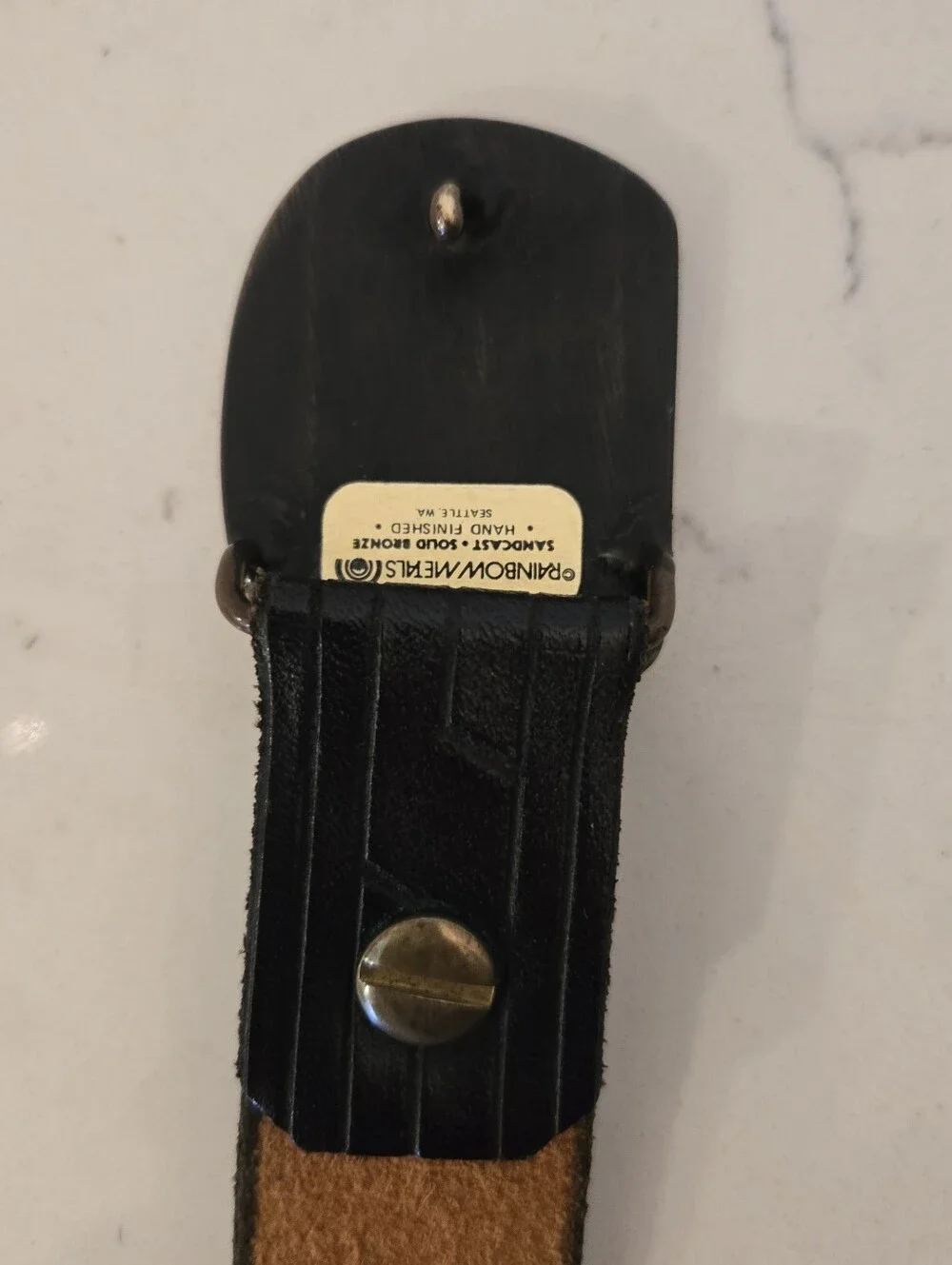 Vintage Rainbow Metals Black Leather Belt With Brass Native American Image